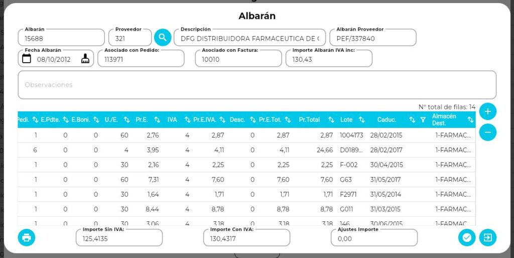 Captura de pantalla de la ventana "Albarán" en un sistema de gestión. Muestra el encabezado con el número de albarán 15688, el proveedor "DFG DISTRIBUIDORA FARMACEUTICA", y fecha del 08/10/2012. En la parte inferior, contiene una tabla con un listado de artículos que detalla precios, impuestos, números de lote, fechas de caducidad y el almacén de destino (1-FARMACIA), junto con los importes totales con y sin IVA al pie de la ventana. Software de PLANEO - STT SYSTEMS - CLÍNICA ASUNCIÓN