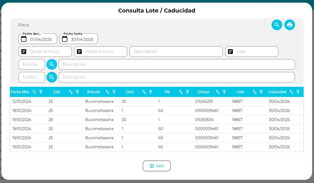 Captura de pantalla de la ventana "Consulta Lote / Caducidad" de un programa de gestión. Se observa un panel de filtros en la parte superior con un rango de fechas del 01/04/2026 al 30/04/2026. Debajo, hay una tabla de resultados que muestra varios registros de movimientos para el artículo "Bucometasana", indicando la fecha del movimiento, código, cantidad, lote (18857) y fecha de caducidad (30/04/2026). Software de PLANEO - STT SYSTEMS - CLÍNICA ASUNCIÓN